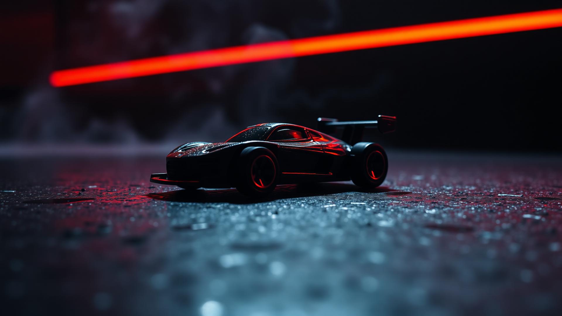 Hot Wheels car under neon lights